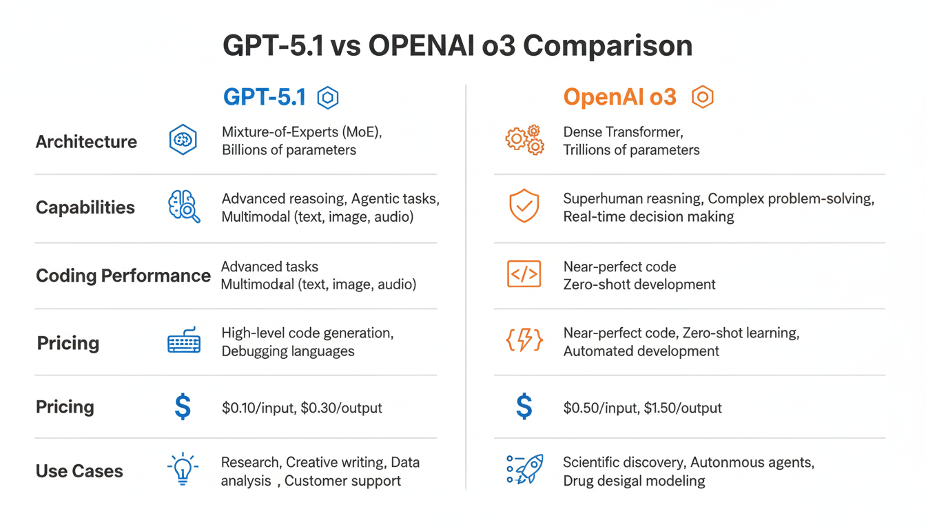 Visual comparison of GPT-5.1 vs OpenAI o3 models showing key differences in architecture, capabilities, pricing, and recommended use cases