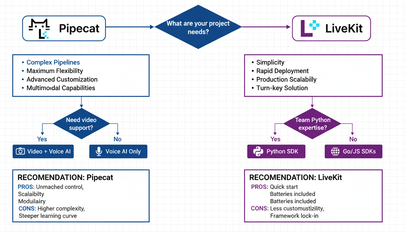 Decision flowchart helping developers choose between Pipecat and LiveKit based on project requirements