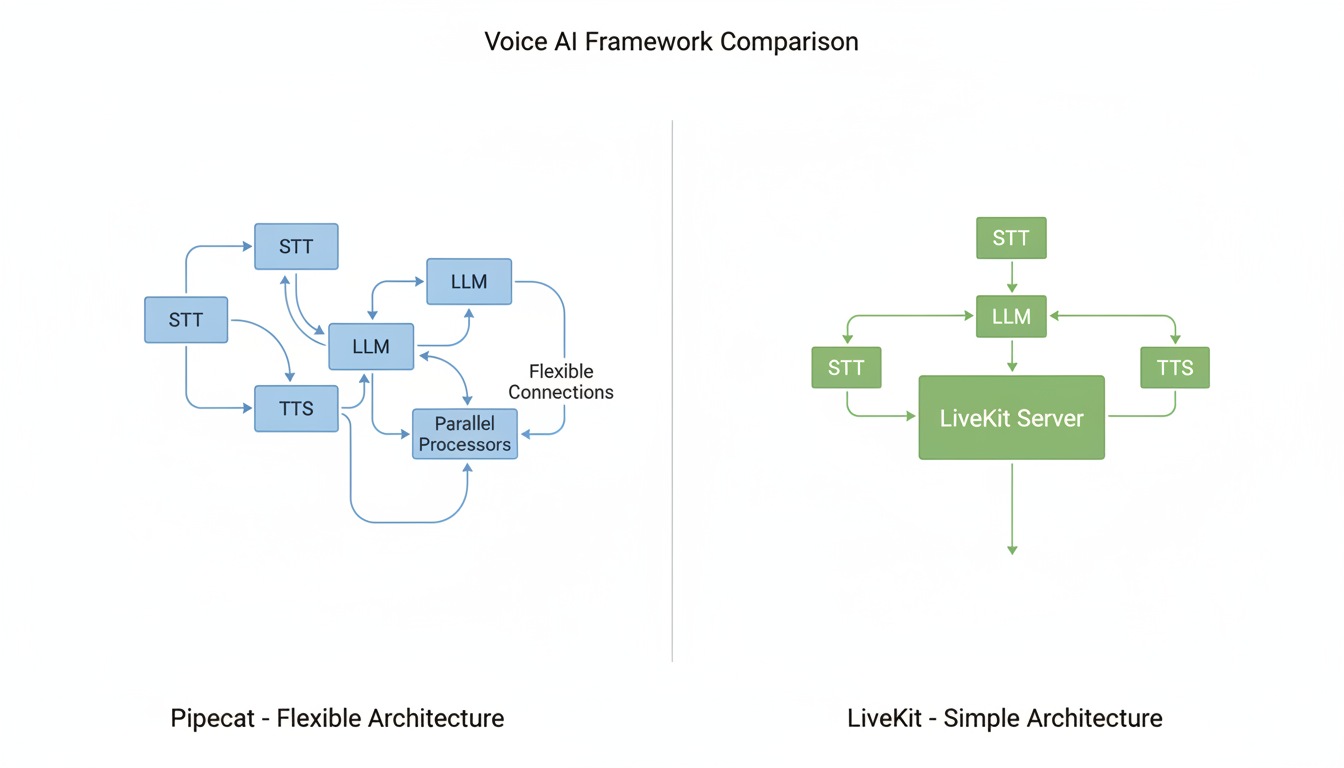 Architecture comparison showing Pipecat's flexible pipeline approach vs LiveKit's simplified linear processing