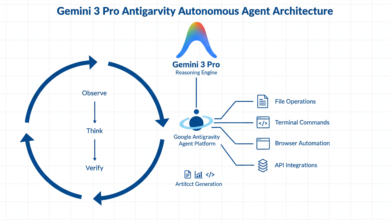 Architecture diagram showing Gemini 3 Pro as the reasoning engine connected to Google Antigravity platform with tools including file operations, terminal commands, browser automation, and API integrations