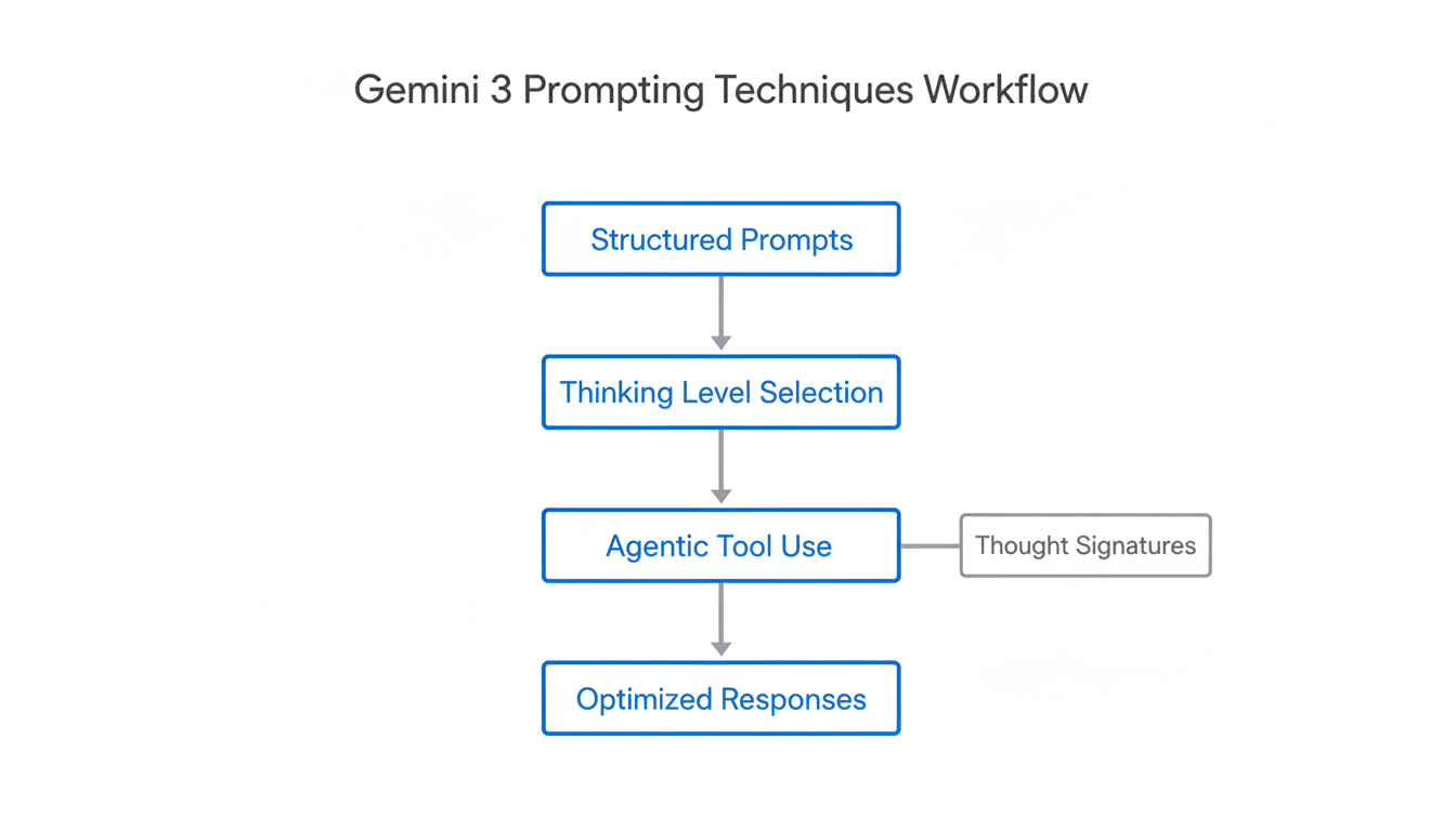 Gemini 3 prompting techniques flowchart showing structured prompts, thinking levels, agentic tool use, and thought signatures workflow
