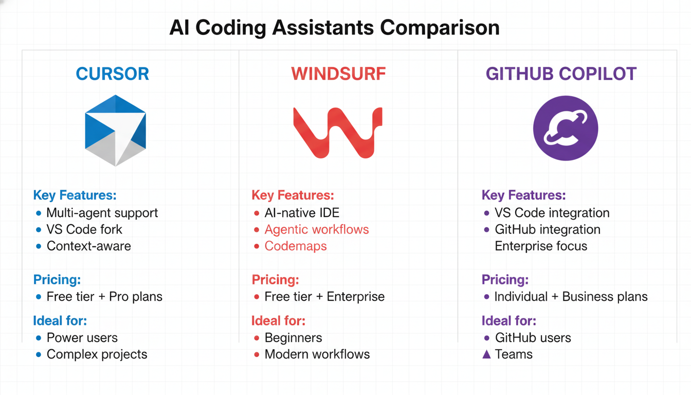 Visual comparison diagram showing Cursor vs Windsurf vs GitHub Copilot features, pricing, and ideal use cases