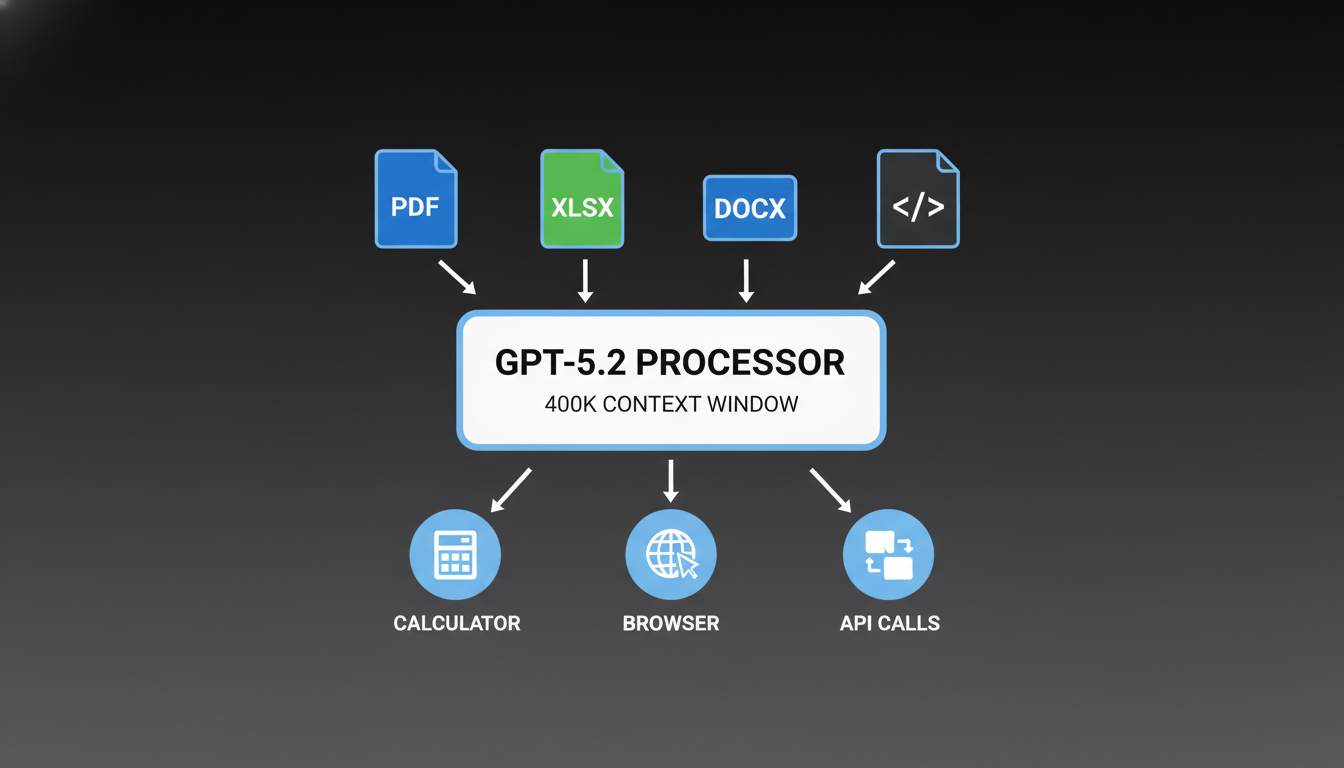GPT-5.2 architecture diagram showing 400k token context processing multiple document types with agentic tool-calling capabilities