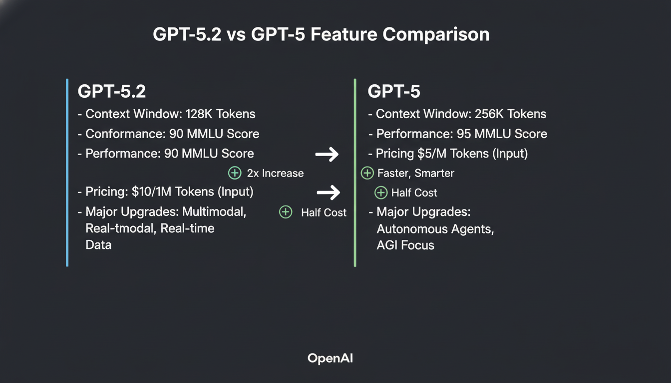 Visual comparison of GPT-5.2 vs GPT-5 showing context window, performance benchmarks, pricing, and key feature differences