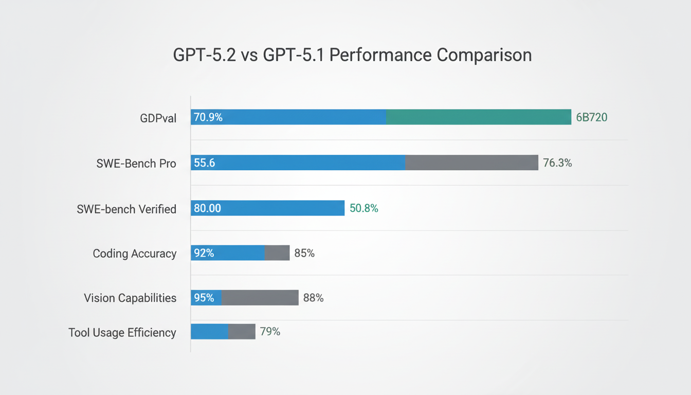 Performance comparison chart showing GPT-5.2 vs GPT-5.1 benchmark improvements across professional work, coding, vision, and tool usage