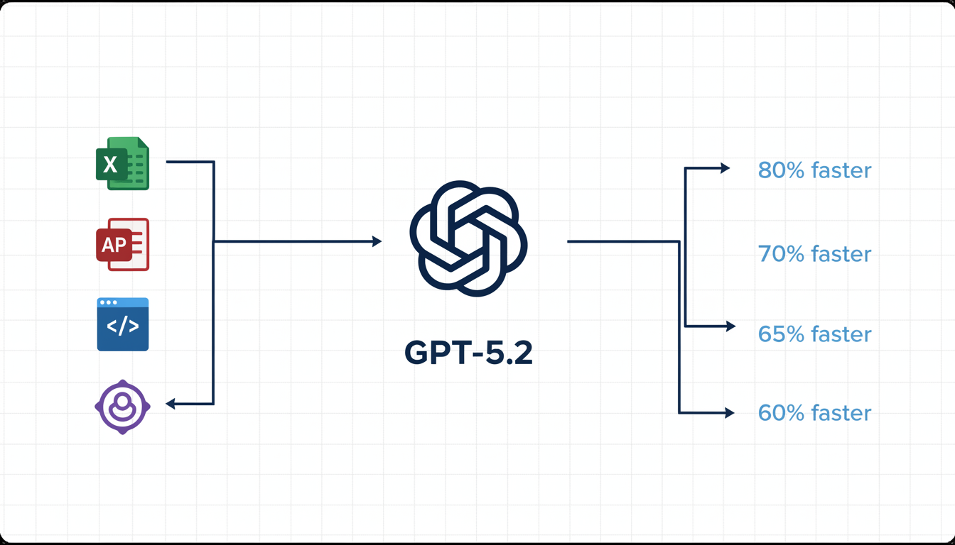 GPT-5.2 productivity workflow diagram showing how AI saves time across spreadsheet creation, presentation building, coding, and project management