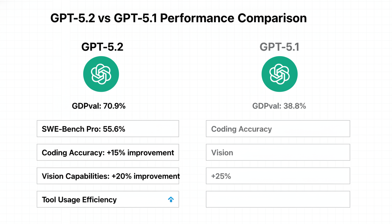 Detailed comparison infographic showing GPT-5.2 architectural improvements over GPT-5.1 including context window expansion, reasoning capabilities, and vision processing enhancements