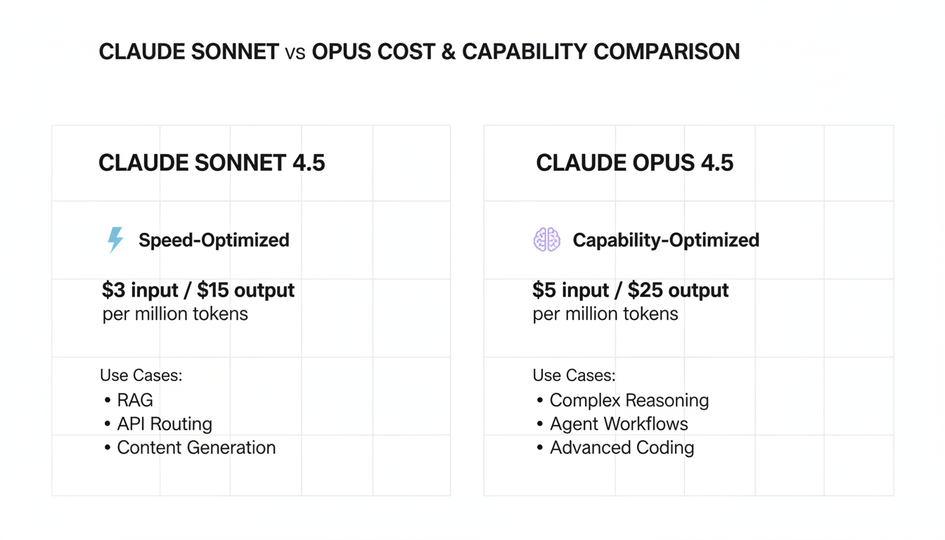 Visual comparison of Claude Sonnet 4.5 vs Opus 4.5 pricing and performance trade-offs showing cost savings and use case recommendations