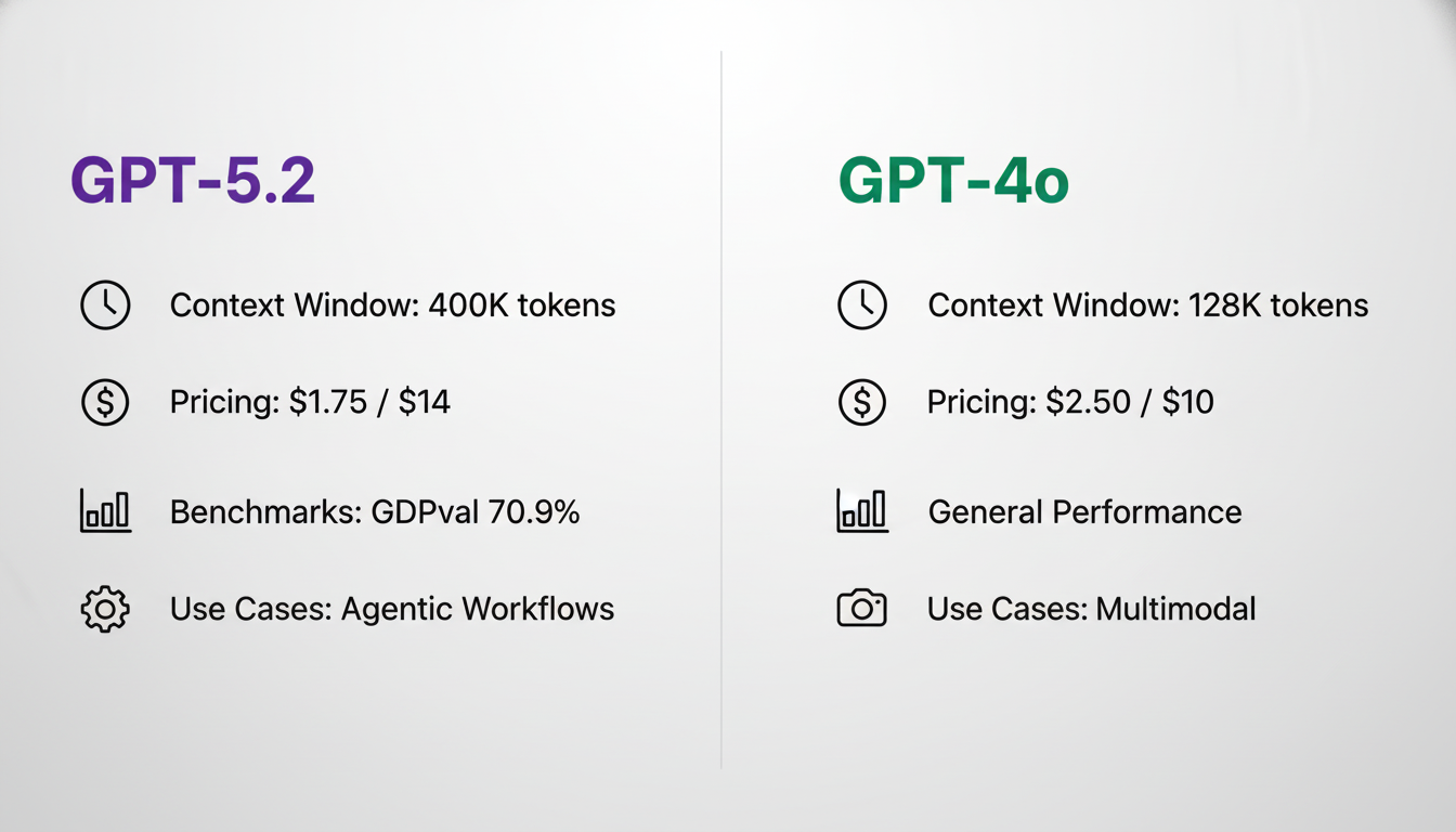 Comparison infographic showing GPT-5.2 vs GPT-4o capabilities including context window, pricing, benchmarks, and use cases