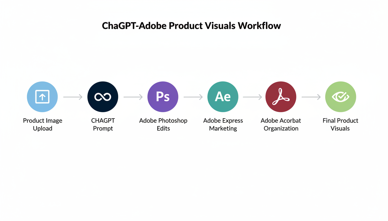 Workflow diagram showing ChatGPT integration with Adobe Photoshop, Adobe Express, and Adobe Acrobat for creating product visuals