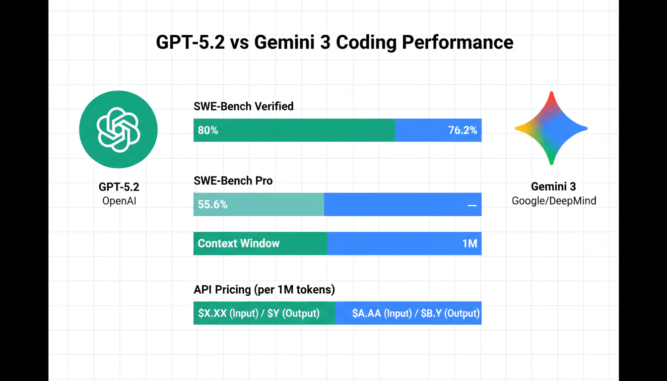 Comparison infographic showing GPT-5.2 vs Gemini 3 coding performance, context windows, and API pricing differences