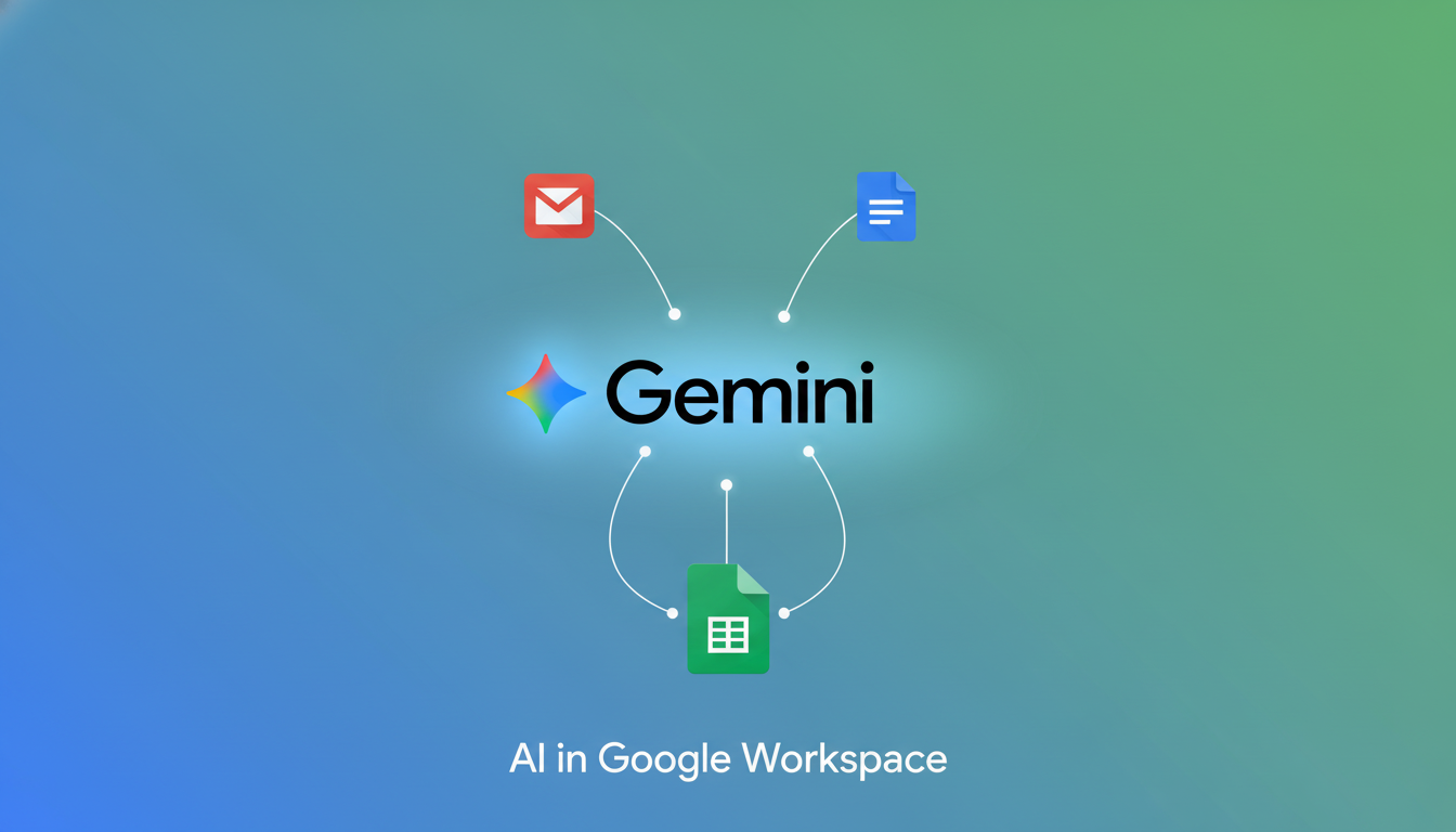 Workflow diagram showing Gemini integration across Gmail, Docs, Drive, and Sheets with data flow arrows