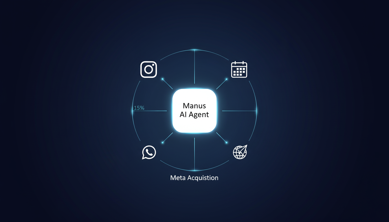 یک هسته مرکزی هوش مصنوعی با عنوان 'عامل هوش مصنوعی Manus' که توسط جریان‌های داده به آیکون‌های اینستاگرام، واتس‌اپ و سایر برنامه‌ها متصل است.