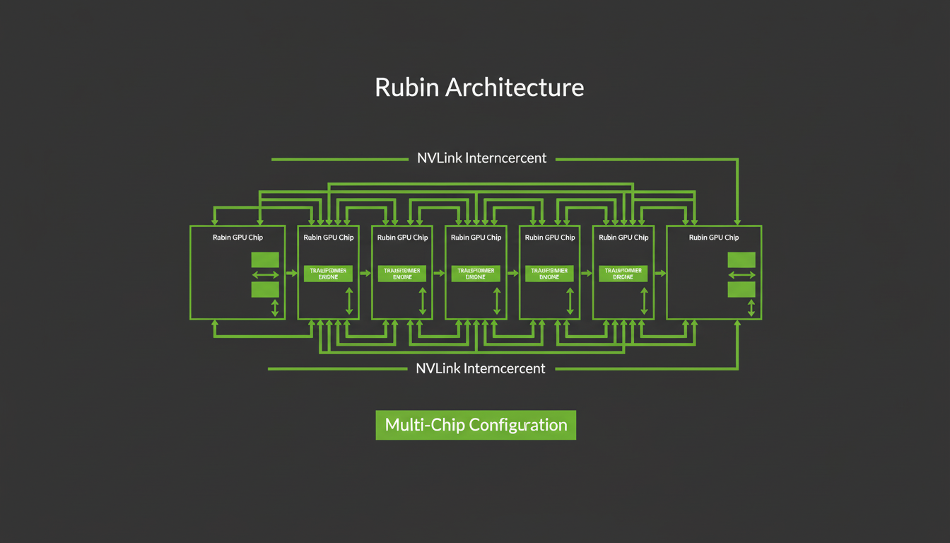 Technical diagram showing the Vera Rubin platform architecture with NVLink interconnect, Transformer Engine, and multi-chip configuration