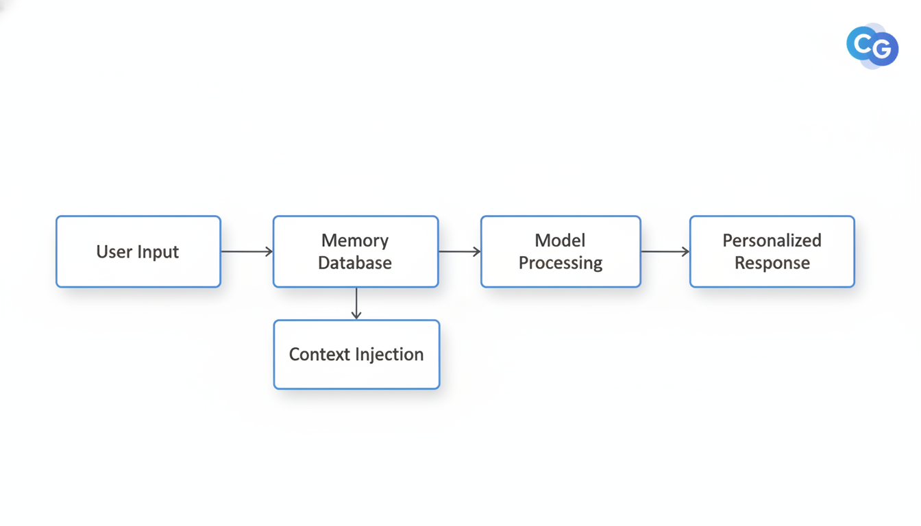 ChatGPT memory workflow diagram showing data flow between user input, memory database, context injection, and response generation
