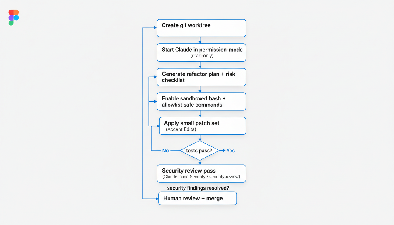 Flowchart showing safe legacy refactoring with Claude Code using git worktrees, plan mode, sandboxed bash, incremental patches, test gates, security review, and human merge approval