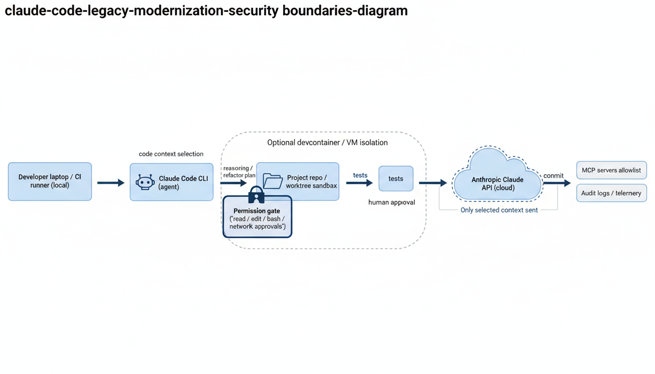 Architecture diagram of Claude Code local-first legacy modernization showing permission gate, sandbox/worktree boundaries, MCP allowlist, and limited context sent to the Claude API