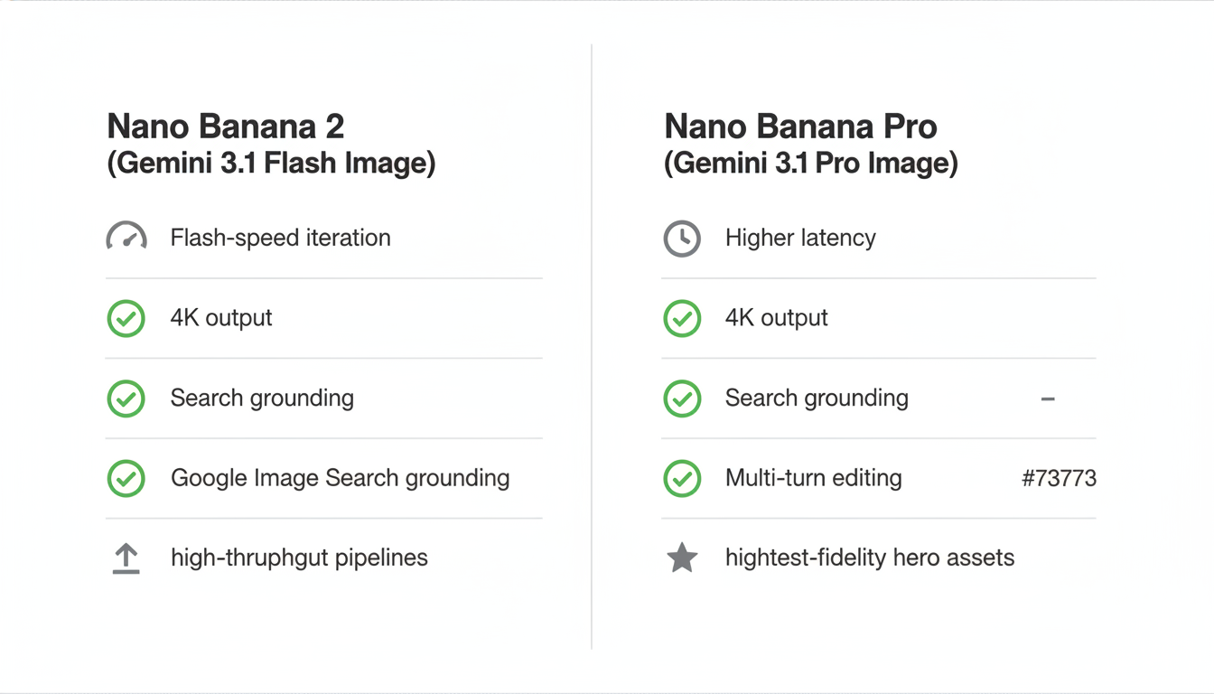 Nano Banana 2 vs Nano Banana Pro comparison infographic showing speed, 4K output, search grounding, Google Image Search grounding, multi-turn editing, and best-fit use cases