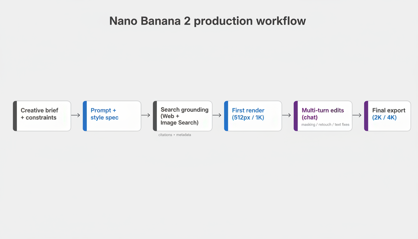 Workflow diagram showing Nano Banana 2 production workflow from brief and prompting through search grounding, first render at 512px/1K, multi-turn chat edits, and final export at 2K/4K