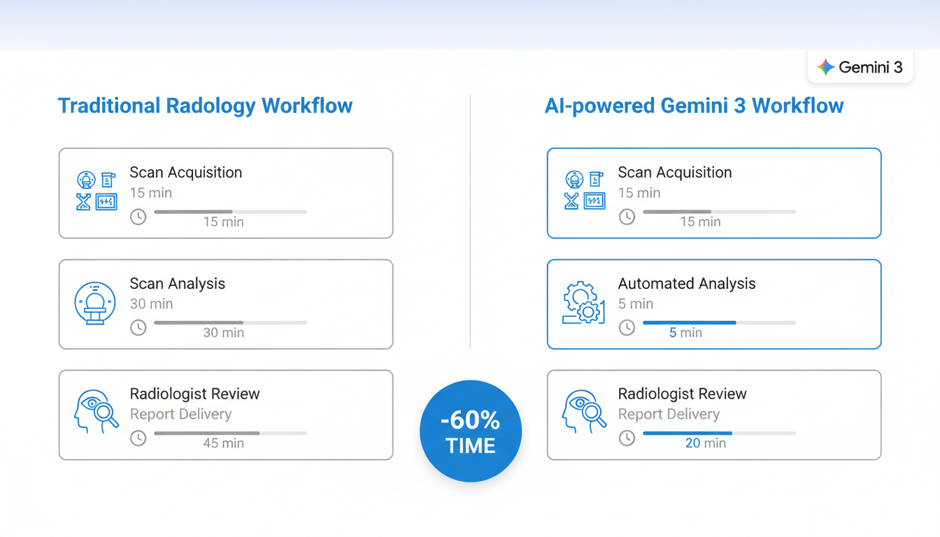 Comparison infographic showing traditional radiology workflow versus Gemini 3 AI powered medical imaging workflow highlighting faster diagnosis