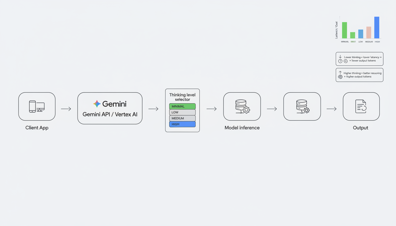 Diagram showing a production request flow using Gemini 3.1 Flash-Lite with a thinking level selector (MINIMAL, LOW, MEDIUM, HIGH) and how lower thinking reduces latency and output tokens while higher thinking improves reasoning at higher cost
