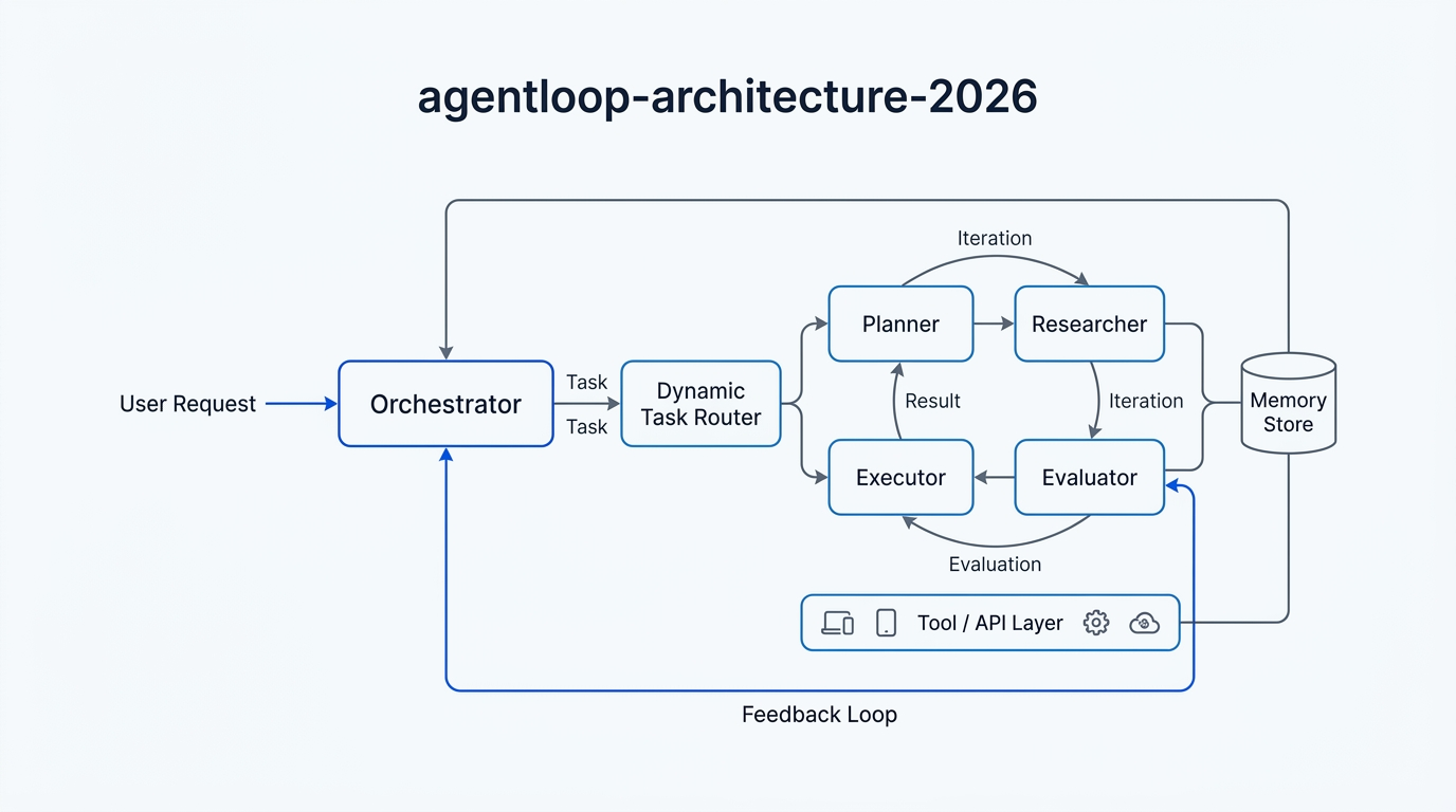 AgentLoop 2.0 architecture diagram showing orchestrator, dynamic task router, specialized agents, tools layer and feedback loop
