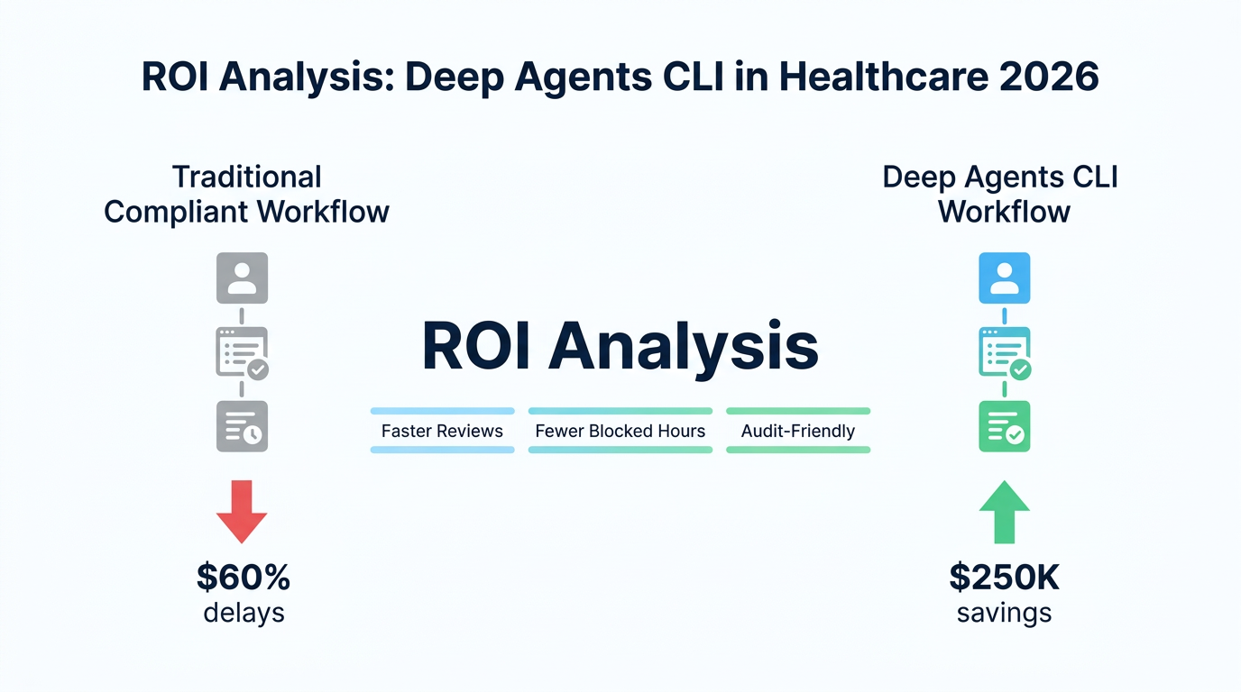 ROI analysis infographic comparing traditional healthcare app development with Deep Agents CLI, highlighting 60 percent reduction in compliance delays and 250 thousand dollars in development cost savings in 2026