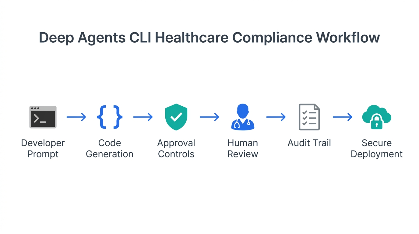 Workflow diagram showing how Deep Agents CLI supports HIPAA-conscious healthcare app development with approval controls, human review, audit trail, secure testing, and deployment