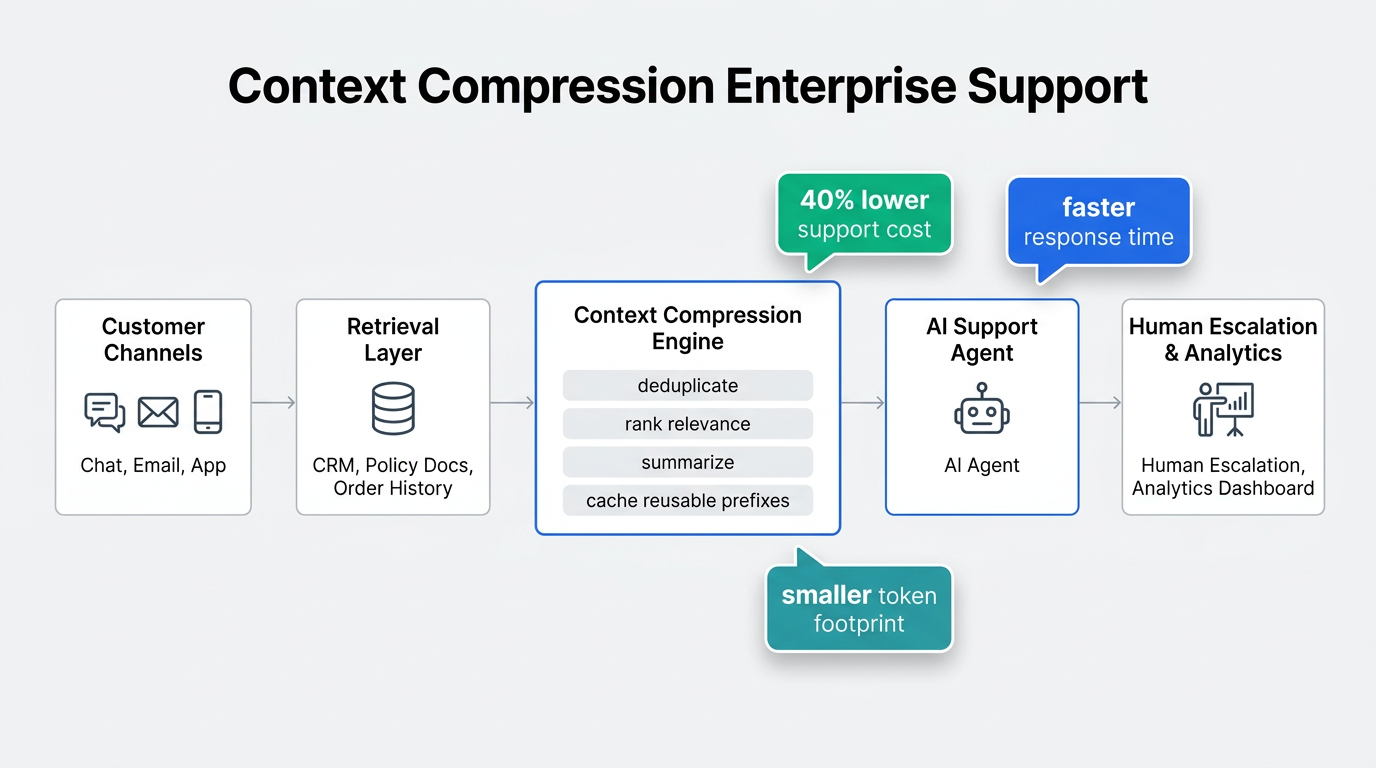 Enterprise AI support architecture diagram showing customer channels, retrieval layer, context compression engine, AI support agent, and human escalation workflow for improving AI agent ROI