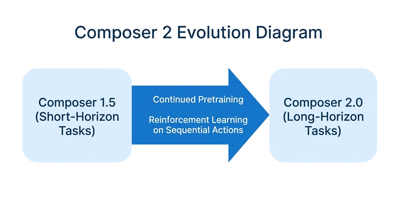 Technical diagram showing the transition from Composer 1.5 short-horizon tasks to Composer 2.0 long-horizon autonomous capabilities through reinforcement learning