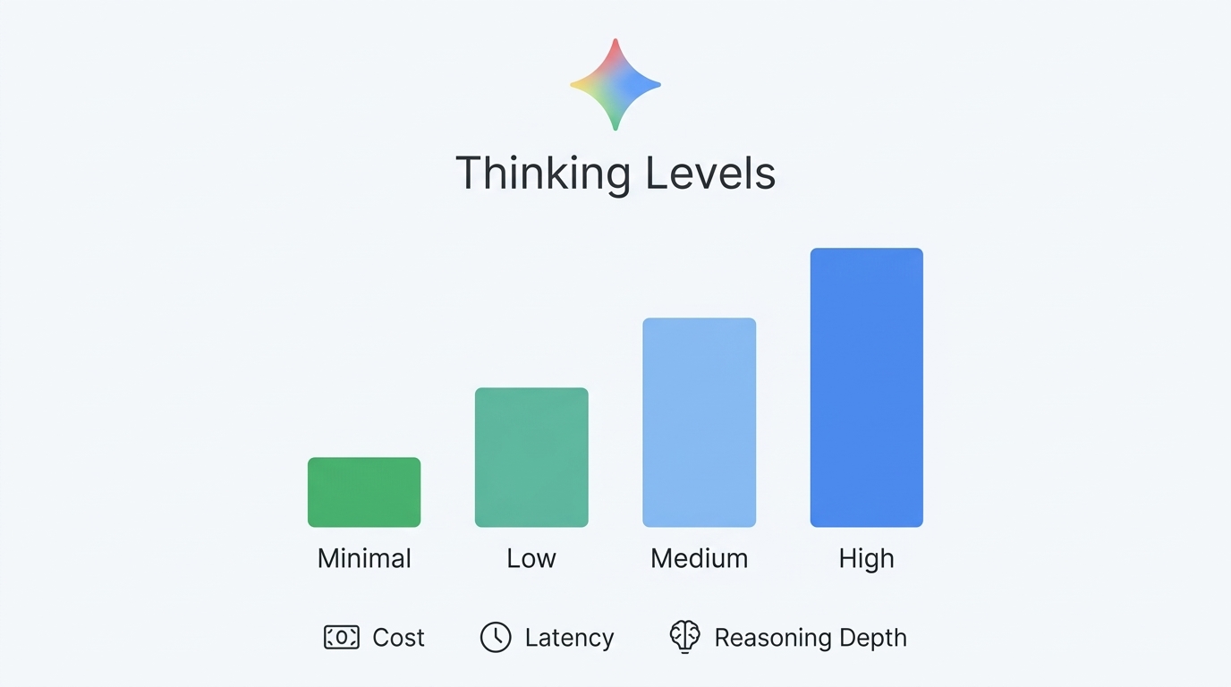 Infographic showing Gemini 3 thinking_level settings from minimal to high, with corresponding cost, latency, and reasoning depth tradeoffs
