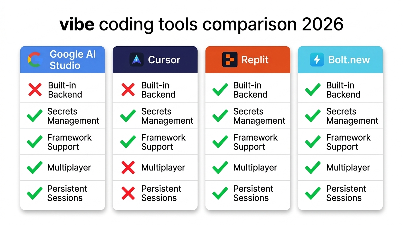 Comparison matrix of Google AI Studio versus Cursor, Replit, and Bolt showing backend support, secrets management, frameworks, and multiplayer capabilities