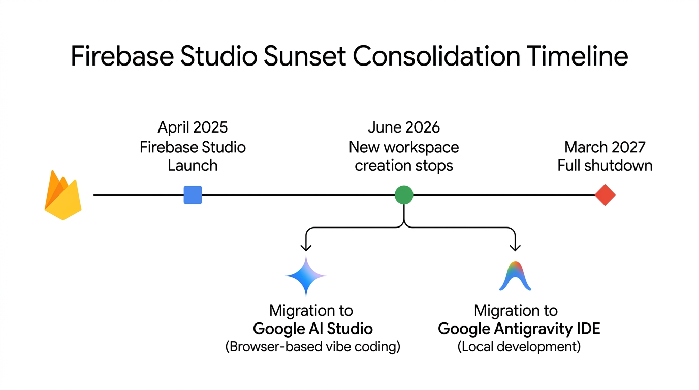 Firebase Studio sunset timeline showing 2025 launch and 2027 shutdown with migration paths to AI Studio and Antigravity