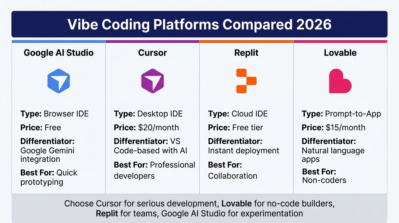 Comprehensive comparison infographic of Google AI Studio, Cursor, Replit, and Lovable showing their types, pricing, and key differentiators in 2026.