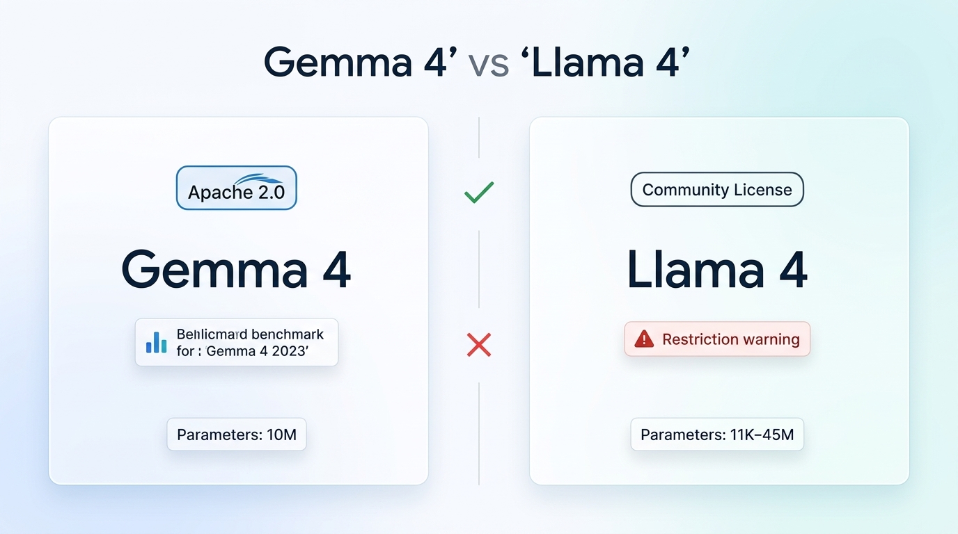 Comparison infographic showing Gemma 4 Apache 2.0 license vs Llama 4 Community License with 700M MAU commercial restriction warning