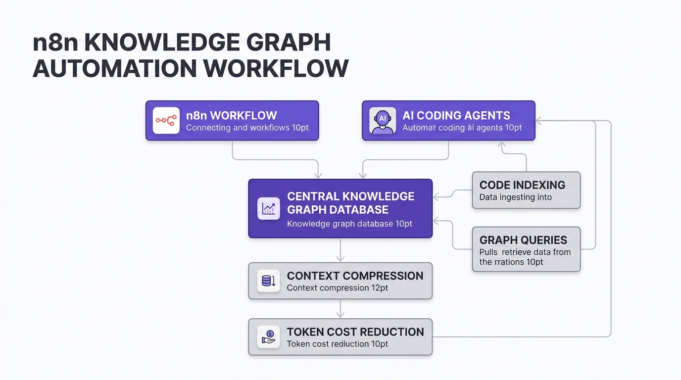 Technical workflow diagram showing n8n automation pipeline with persistent knowledge graph integration for AI coding agents
