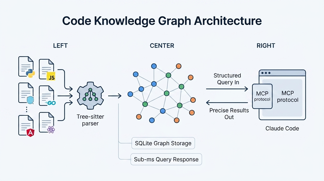 Architecture diagram showing source code files parsed by Tree-sitter into a knowledge graph, queried by AI agents via MCP protocol for reduced token usage