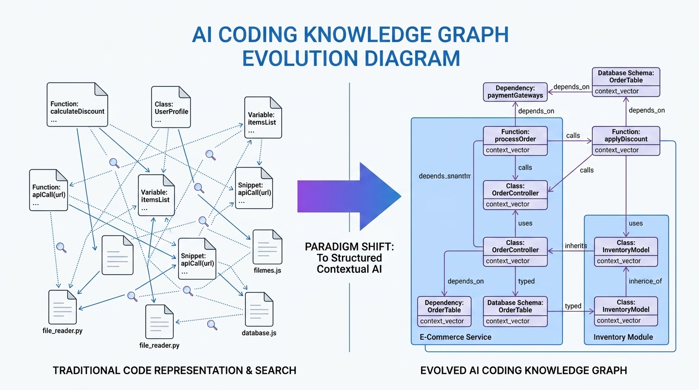 Evolution diagram showing AI coding agents progression from scattered file-by-file search to organized persistent knowledge graph architecture
