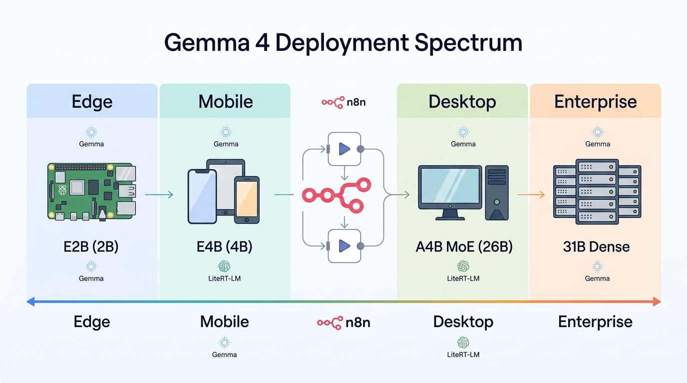 Architecture diagram showing Gemma 4 deployment spectrum from Raspberry Pi edge devices to data center servers