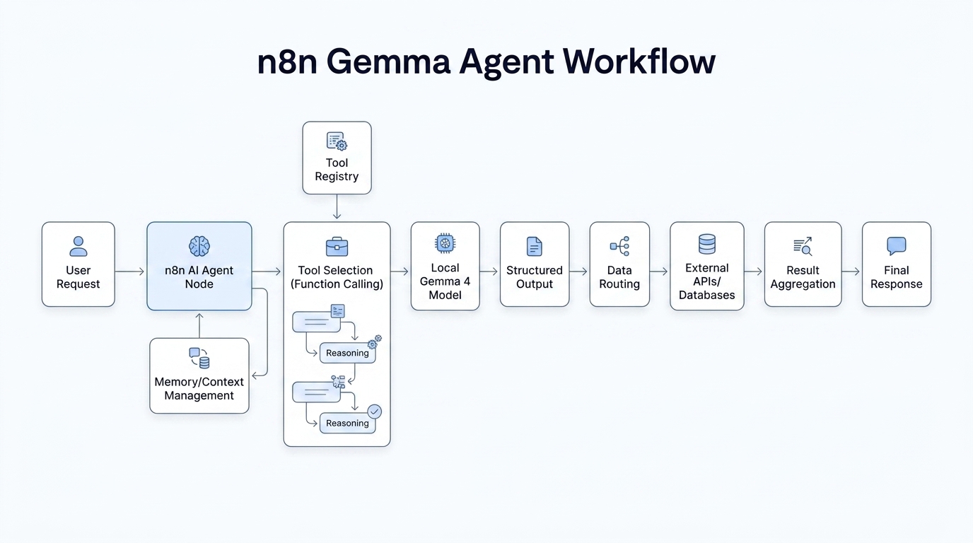n8n workflow diagram showing AI agent function calling architecture with local Gemma models