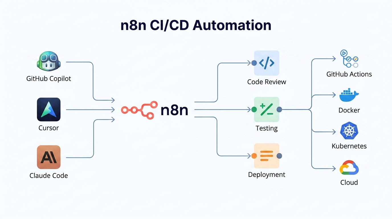 n8n workflow diagram showing AI coding assistants connected to CI/CD pipelines