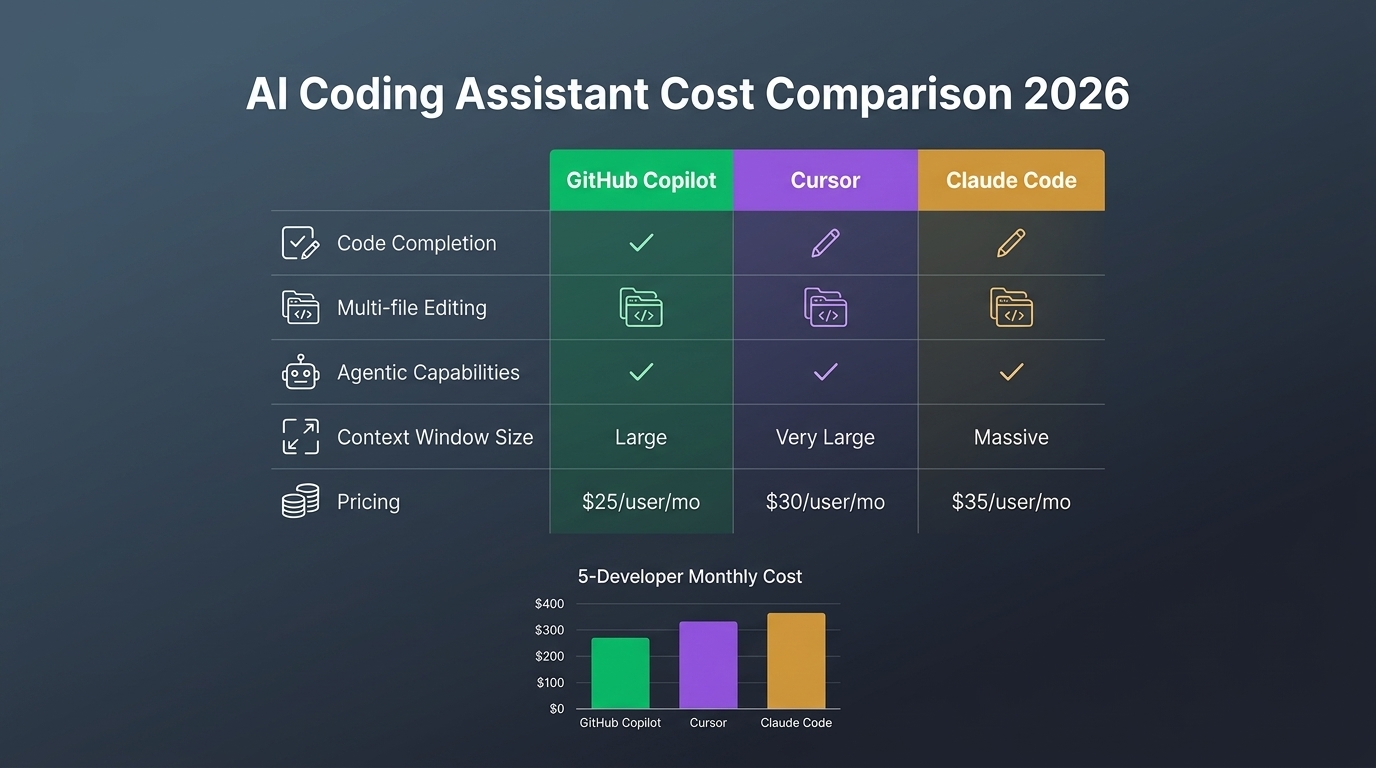 Infographic comparing GitHub Copilot at $10/month, Cursor at $20/month, and Claude Code at $20/month for SMB teams in 2026
