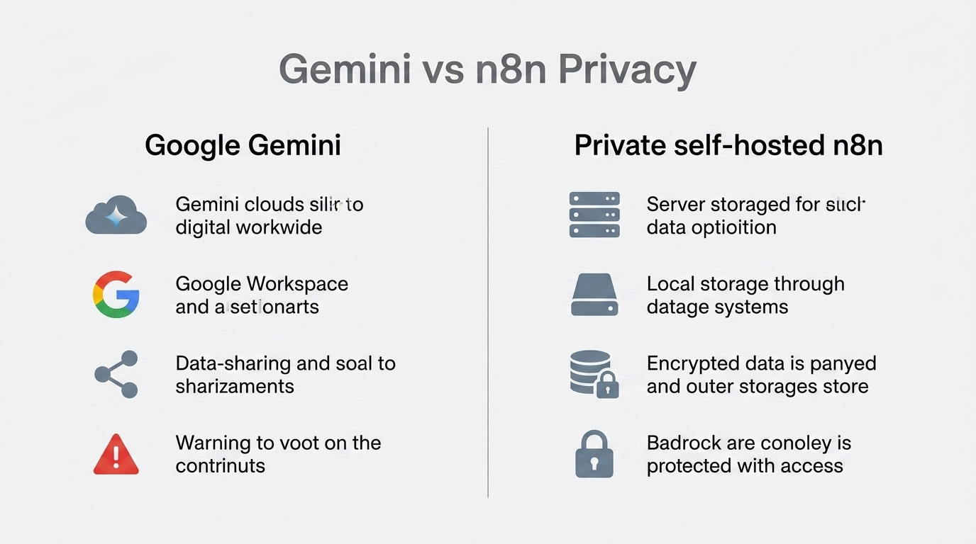 Comparison diagram showing Gemini's cloud-based data sharing compared to n8n's self-hosted private approach