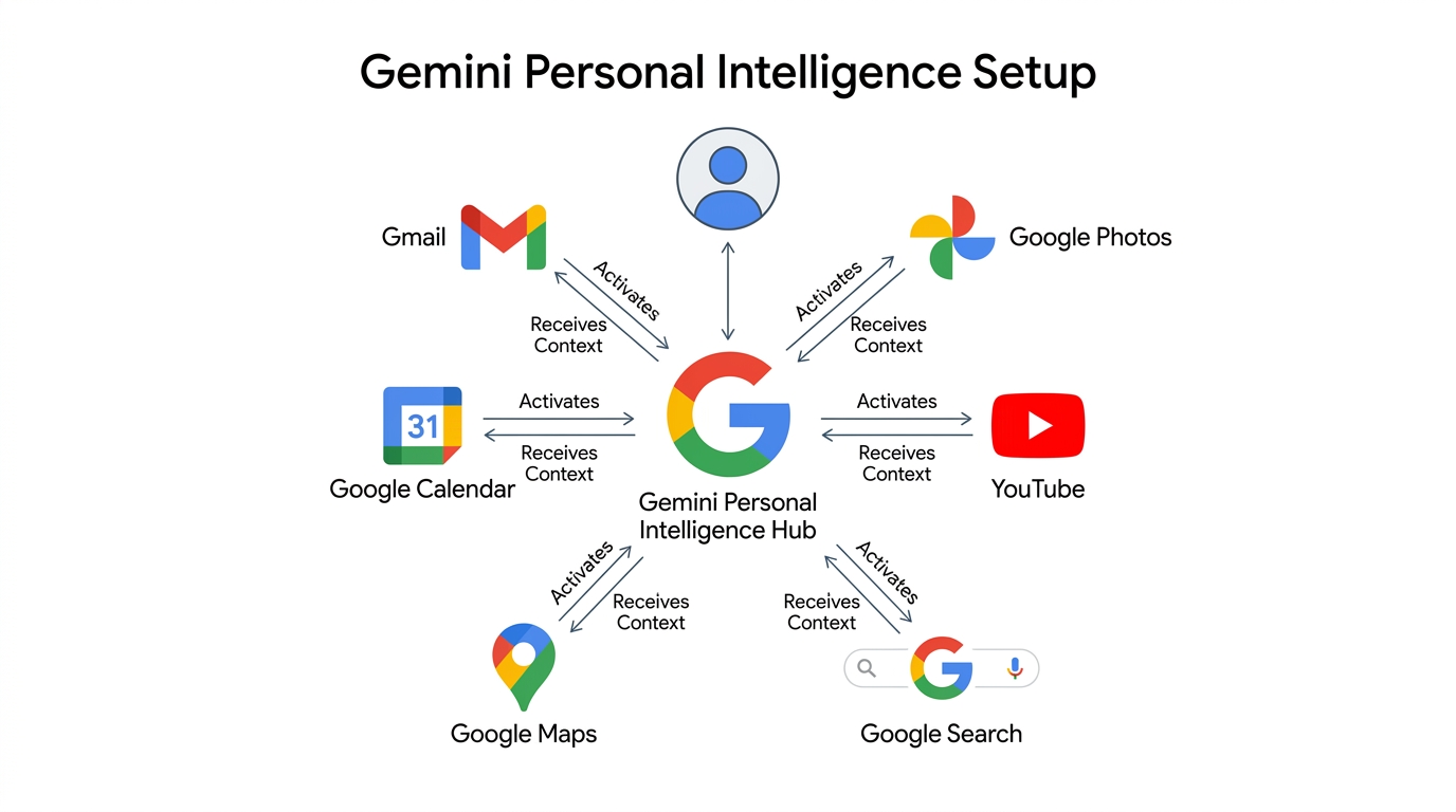 Diagram showing how Gemini Personal Intelligence connects to Google apps like Gmail, Photos, YouTube, Search, Maps, and Calendar