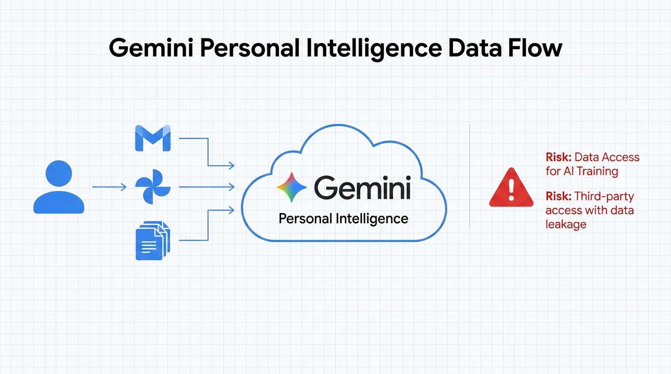 Diagram showing data flowing from Gmail, Photos, and Drive into Gemini's Personal Intelligence system