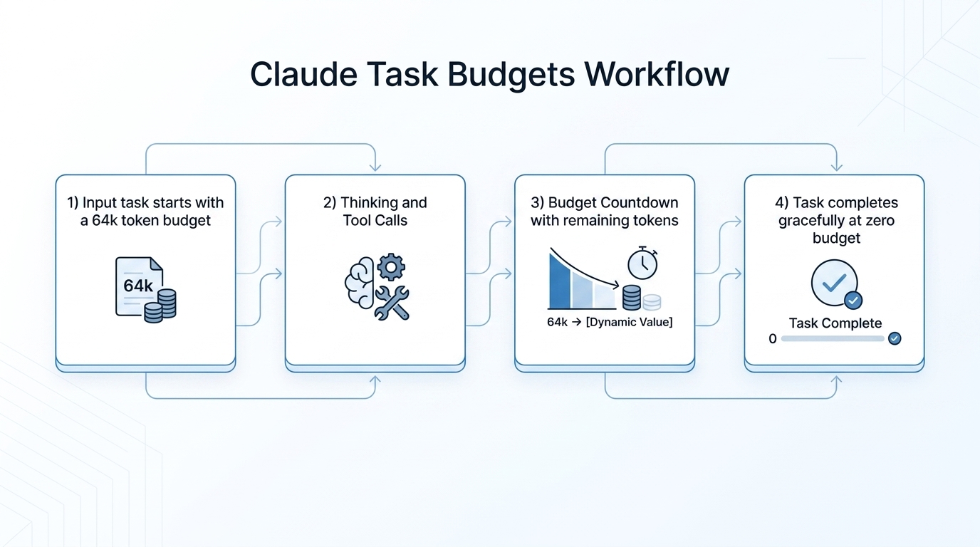 Diagram showing an AI agent workflow with a task budget countdown, illustrating how the model self-regulates to finish tasks within the limit.