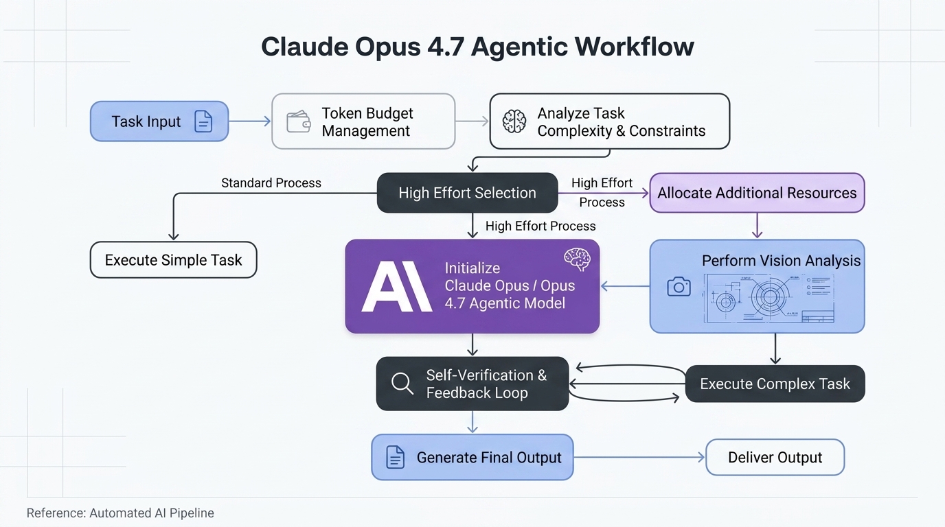 Flowchart showing a Claude Opus 4.7 agentic workflow with task budgets and self-verification