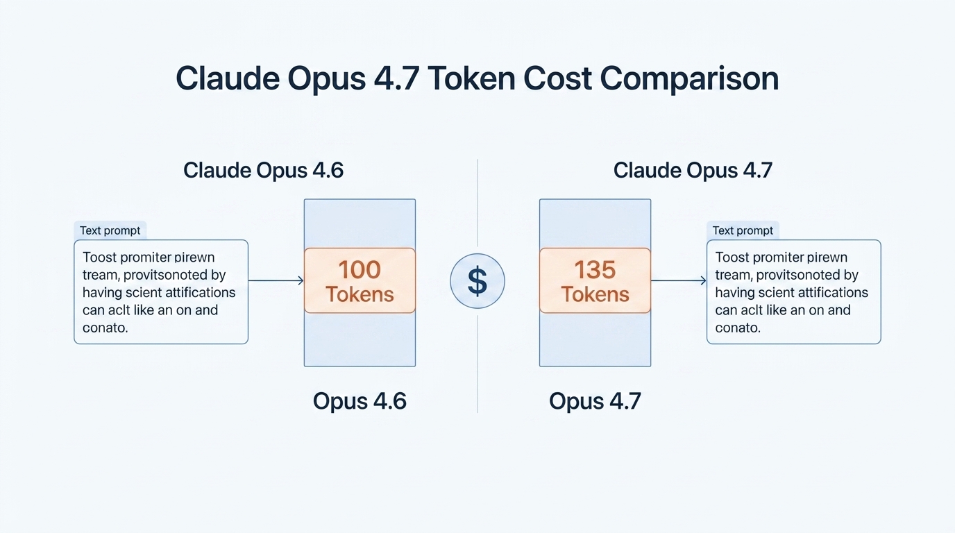 Technical infographic comparing token counts between Opus 4.6 and 4.7, showing the 35% increase for code and structured data.