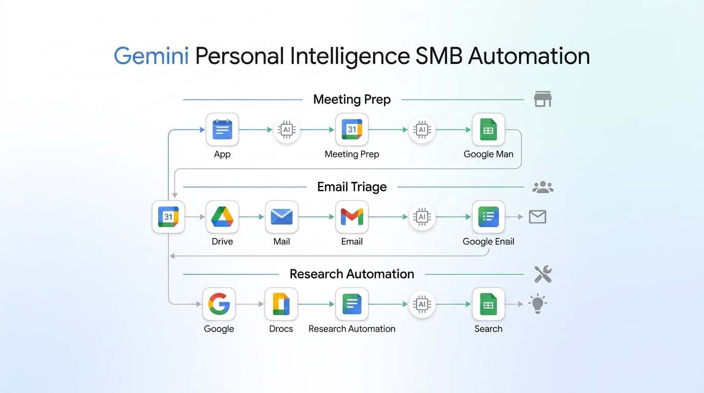 Diagram showing Gemini Personal Intelligence connecting Gmail, Calendar, Drive and Workspace apps with automated workflows for meeting prep, email triage, and research