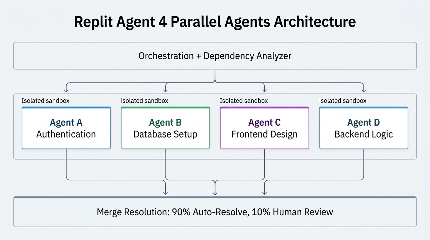 Replit Agent 4 parallel agents architecture diagram showing orchestration layer, four parallel agent sandboxes for authentication, database, frontend, and backend, and the merge resolution layer